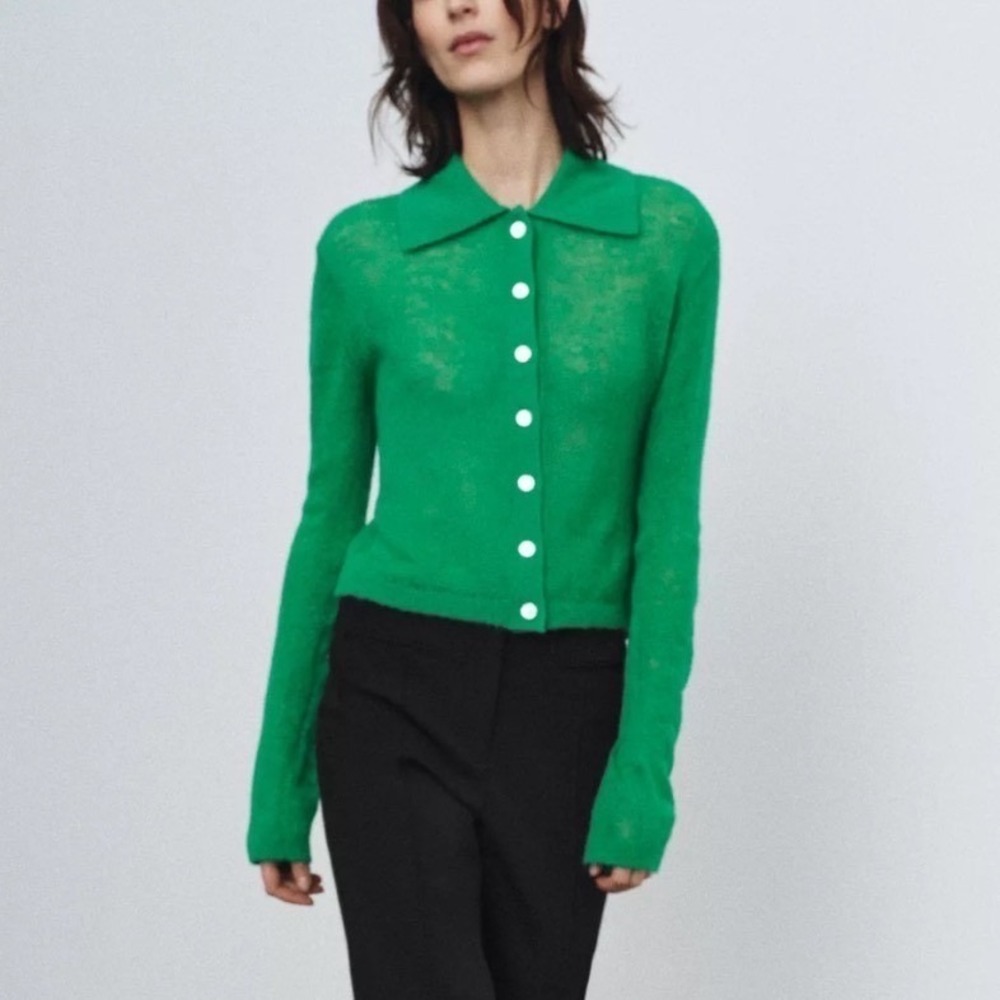 Zara Green Polo Collared Cardigan Sweater Wool Blend Button Front Size M NEW